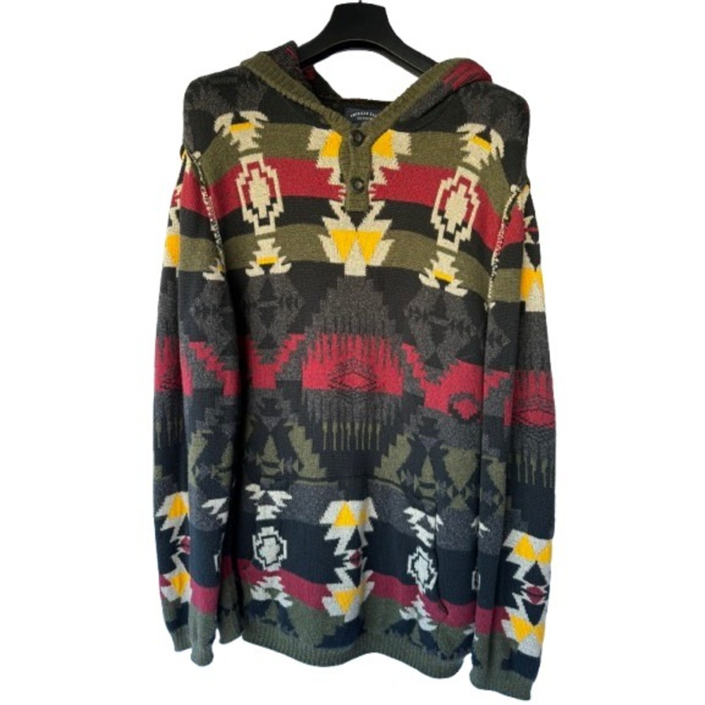 American Eagle‎ Sweater Mens XL Multicolor Southwestern Boho Aztec Hoodie Henley